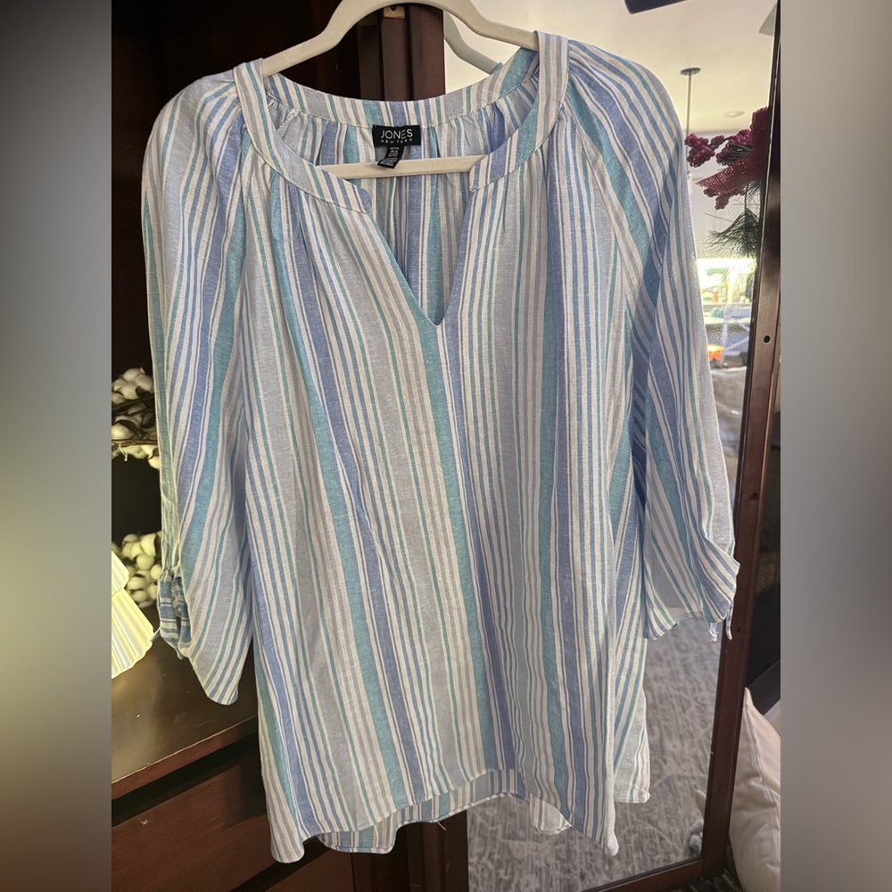 Jones New York Blue and White Striped Blouse